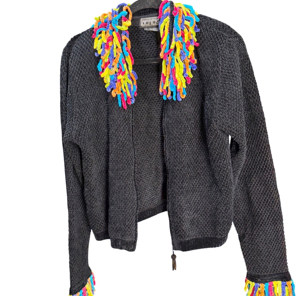 Berek Womens Vintage Black Textured Knit Cardigan Multi Color Loopy Fringe Large